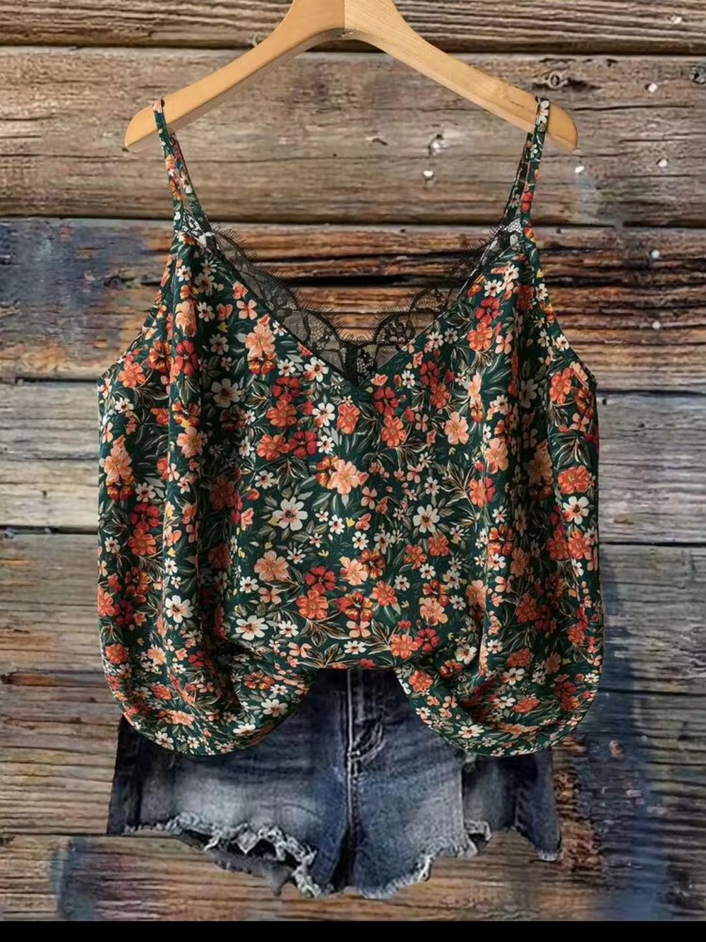 Floral Lace-Trim Spaghetti Cami - Green/Orange Floral